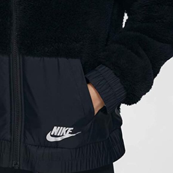 Nike Sportswear Hooded Sherpa Jacket - Black - Girl's Size Large - Picture 2 of 9